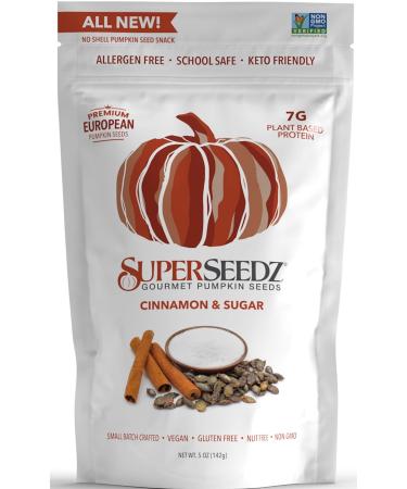 Superseedz Gourmet Roasted Pumpkin Seeds | Cinnamon & Sugar | Vegan | Paleo | Healthy Snacks | 8g Plant Based Protein | Produced In USA | Dairy Free | Nut Free | Gluten Free Snack | 5oz Cinnamon & Sugar 5 Ounce (Pack of