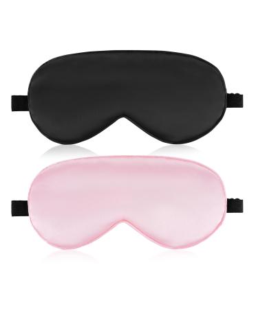 Silk Sleep Mask 2 Pack with 2 Storage Bags and 2 Pairs Ear Plugs for Sleeping Soft Light Blocking Eye Mask for Travel Airplane Nap Adjustable Straps Sleep Masks for Men Women (Black & Pink)