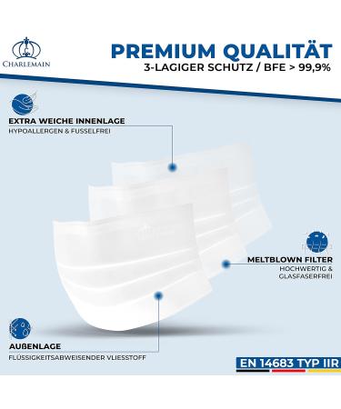 Charlemain 150x Surgical Masks - German Made EN 14683 Type IIR CE Certified BFE 99.9% Disposable 3-Layer Latex-Free Mouth and Nose Protection - 150 Pack White - Buy Online on GoSupps.com