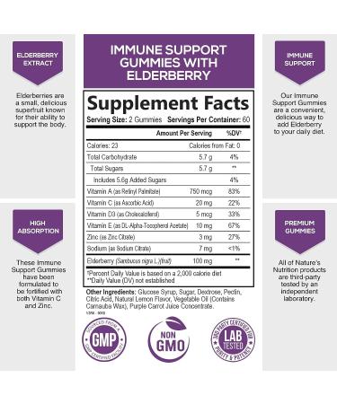 Immune Support Gummies with Elderberry, Zinc & Vitamin C - Vegan Sambucus Black Supplement for Adults & Children - 120 Delicious Gummies - Buy Online on GoSupps.com