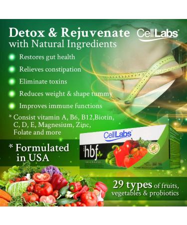 CellLabs HBF Detox Vegetable Drink (20 Sachets) Support Health & Beauty Support Healthy Digestive System Promotes Natural Detoxification 29 Fruits & Vegetables with Active Enzyme High Fiber - Buy Online on GoSupps.com