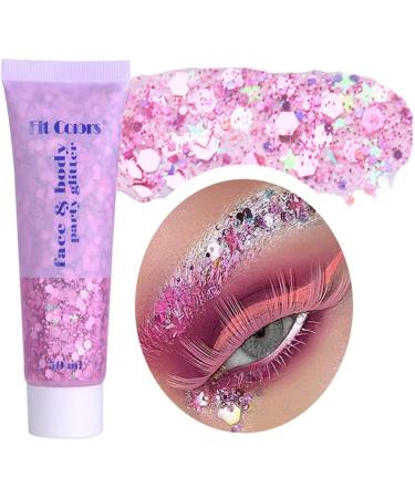 Body Glitter Gel Holographic Face Body Glitter Sequins Liquid Holographic Glitter Gel Long Lasting Sparkling Glitters for Face Body Eye Lip Hair Nail Festival Makeup 50ml (PINK)