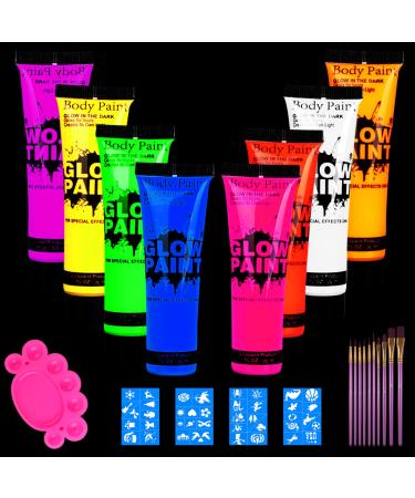 Lookmee UV Glow Blacklight Neon Face and Body Paint, 0.84oz Set of 8 Tubes , UV Blacklight Neon Fluorescent, Glow in the Dark Face Body Paints,Glow in Dark Party Supplies