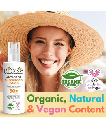 Minoris Anti-Spot Sun Lotion 50+ SPF Full Body High UVA/UVB Protection Prevents Sun Spots Primer Suitable Organic Natural & Vegan Content Water Resistant Titanium Dioxide Free 150 - Buy Online on GoSupps.com