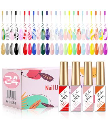 Rechoo Liner Gel Nail Polish-24Pcs Gel Liner Nail Art Set Soak Off UV Fineliner French Manicure Gel for Nail Starter Home DIY Nail Salon Gel Paint For Nail (24 Rainbow Colors) W-24-Multicolored