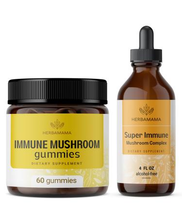 HERBAMAMA Bundle of Immune Support Mushroom Gummies and Super Immune Mushroom Tincture 4 fl oz - Vegan Non-GMO Sugar & Alcohol-Free - 2 Pack