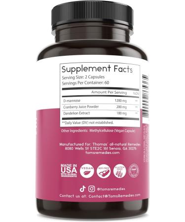 Thomas' all-natural Remedies D-mannose 1200mg - with Cranberry and Dandelion - Natural Urinary Tract and UTI Health Support - Best dmannose Capsules - NO fillers All-Natural Vegan - 120 Capsules - Buy Online on GoSupps.com