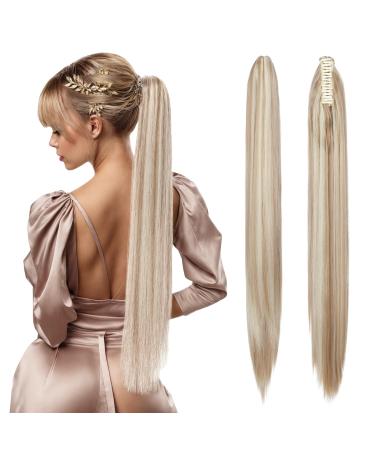 TESS Claw Clip in Ponytail Hair Extensions 26 Inches Straight Ponytail Extension Ash Blonde Balayage Hair Extensions Clip in Ponytail Blond for Women 150g
