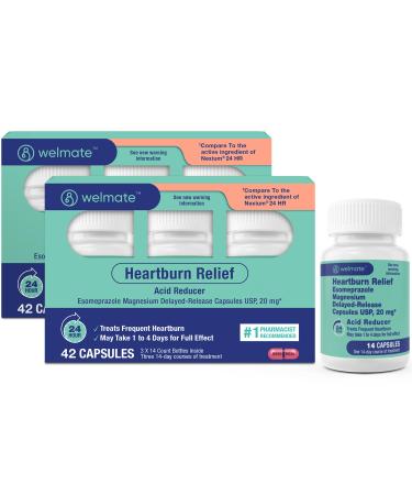 WELMATE - Esomeprazole Magnesium 20 mg - Heartburn Medicine - Acid Reducer - Delayed Release Heartburn Relief - 24hr Protection - for Men & Women - 84 Capsules - 2 Pack 84 Count (2 Pack of 42 Tablets)