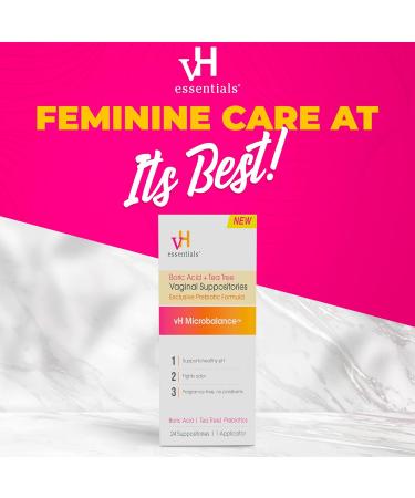 vH Essentials Boric Acid & Tea Tree Vaginal Suppositories - pH Balance & Odor Control - Feminine Care - 24 Suppositories + Applicator - 2.4 oz - Buy Online on GoSupps.com
