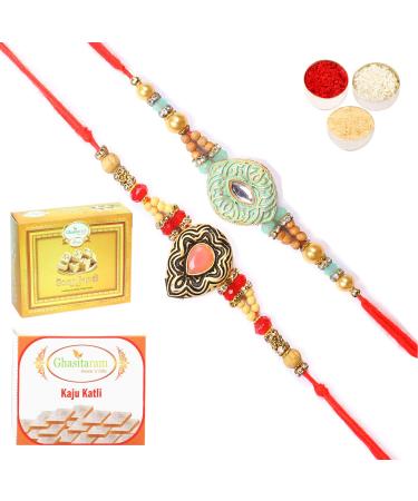 Ghasitaram Gifts Rakhi for Brother Rakhis Online - Set of 2 8469 8487 Premium Rakhis with 200 GMS of Kaju katli and 200 GMS of Soan Papdi