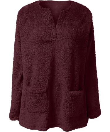 AMhomely Women's Plus Size Double Fleece Hooded Jumper - Soft Teddy Fleece, V Neck, Pocket Detail - Winter Lounge Wear in Wine M - Buy Online on GoSupps.com