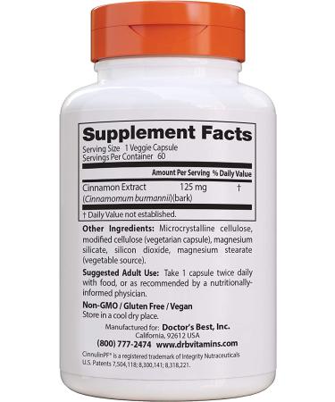 Doctor's Best Cinnamon Extract Cinnulin PF 125mg - Blood Sugar Support - Non-GMO, Vegan, Gluten Free - 60 Veggie Caps - Buy Online on GoSupps.com