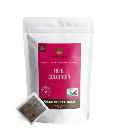 Colombian Ground Coffee Bags - 50 Coffee Bags - Medium Roast - Brown Bear Real Colombia - Strength 3 - Donation to Free The Bears - Individual Arabica Coffee Bags Like Tea Bags Hazelnut 50 Count (Pack of 1)