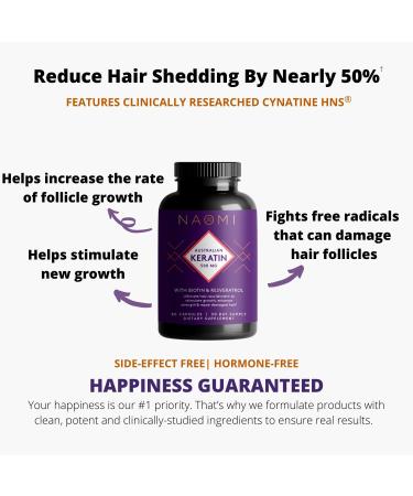 NAOMI Keratin Vegan Hair Growth Supplement for Women - Biotin, Zinc, & Soluble Keratin - Strong Hair & Nails Vitamins with Resveratrol - 60 Capsules - Buy Online on GoSupps.com