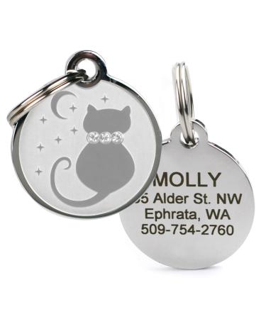 GoTags Designer Pet ID Tags in Stainless Steel for Dogs and Cats, Custom Engraved with 4 Lines of Personalized ID, Cute, Unique Pet Tags in Several Fun Designs Starry Moon Cat