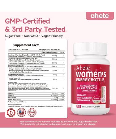 Ahete Multivitamin for Women 20 in 1 Vitamins with Sea Moss Shilajit Astaxanthin and Biotin Energy Bottle for Immune & Energy Support Women Multivitamin Supplement 60 Capsules 30 Days Supply - Buy Online on GoSupps.com