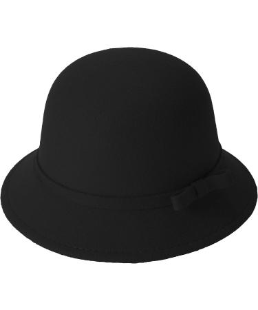 Women's Vintage Black Felt Bucket Hat with Adjustable Bowknot - Suede Wool Bowler Style - Buy Online on GoSupps.com