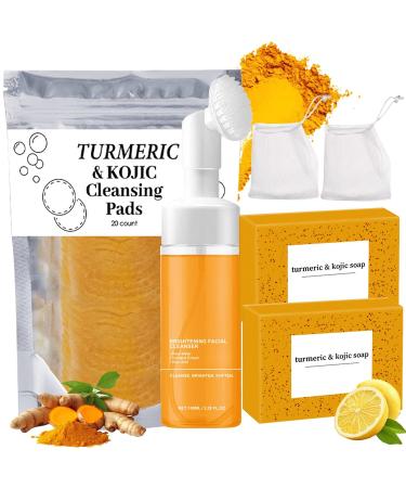4Pcs Turmeric Wash and Care Three Piece Set Tuemeric Facial Cleanser & Turmeric Soap Bar & Turmeric Face Scrub Pads Face & Body Cleanser Turmeric Cleansing Skincare Set Deep Cleansing
