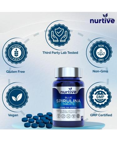 NURTIVE Blue Spirulina Tablets 250 mg per Daily Serving, Phycocyanin Superfood, 120 Tablets, 2 Tablets per Day 2-Month Supply Vegan, Gluten-Free, Non-GMO GMP-Certified, Third-Party Tested - Buy Online on GoSupps.com
