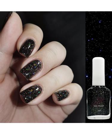 Black Glitter Nail Polish Shimmering Varnish Laser Rainbow Star Planet Sparkly Spiral Silver Shimmer Quick Dry Nail Varnishes Shining Sparkling Long Lasting No Need Cure DIY Nail Art Manicure - Buy Online on GoSupps.com