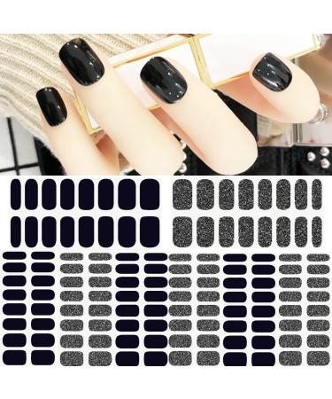 Black Nail Wraps Color Glitter Street Nail Strips Nail Art Polish Stickers Full Nail Wraps Self-Adhesive Solid Nail Art Decal Strips Sticker Nails for Women (8 Sheets 128 Pieces) -Black