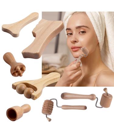 7PCS Wood Facial Therapy Kit/Maderoterapia Kit  Wooden Face Massage Tool Set  Roller Massagers  Face Sculpting Tools  Lymphatic Drainage Tools  Anti-Cellulite Tools  Wrinkle Relief (Natural)