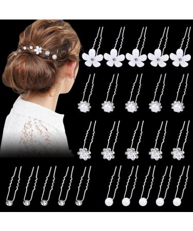 25 pieces wedding hairpins bridal jewelry hair needles crystals wedding bride hair jewelry u-shaped rhinestone hairpin pearls and flowers hair clips for women girls - Buy Online on GoSupps.com