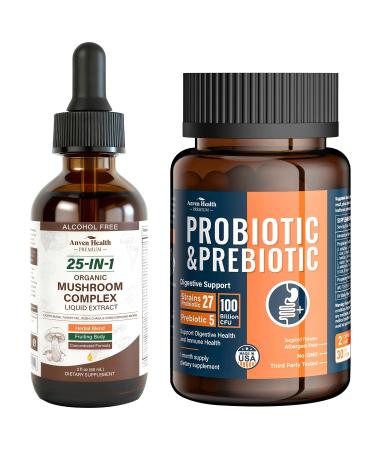 Anven Health 25-in-1 Organic Mushroom Complex Supplement Liquid Drops 100 Billion Probiotics for Men and Women 27 Strains 5 Organic Prebiotics
