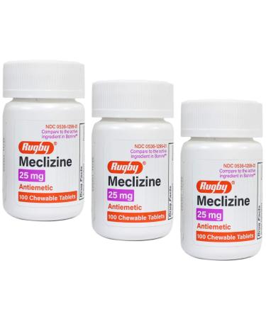 Meclizine HCL 25mg Generic For Bonine Chewable Tablets, 100 Count (Pack of 3)
