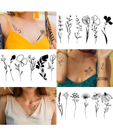 Cerlaza 75 Tiny Black Flower Temporary Tattoos - Realistic Wild Floral Designs for Women - 16 Sheets Small Fake Tattoos for Face, Hands, Legs, and Body - Buy Online on GoSupps.com