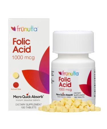 Frunutta Folic Acid Under The Tongue Instant Dissolve Tablets - 1000 mcg x 100 Tablets - Dietary Supplement - Non-GMO, Gluten Free 100 Count (Pack of 1)