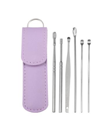 VOCOSTE 6Pcs Stainless Steel Ear Cleansing Tool Set Ear Cleaner Ear Care Set with Faux Leather Packaging Purple
