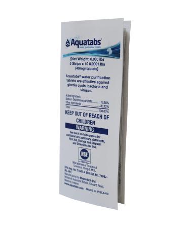 Aquatabs Water Purification Tablets. Water Filtration System for Hiking, Backpacking, Camping, Emergencies, Survival, and Home-Use. Easy to Use Water Treatment and Disinfection. (49mg) 50 Tablets