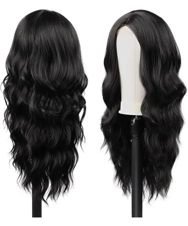 Long Black Wavy Wig for Women 24 Inch Middle Part Curly Synthetic Hair Natural Looking Heat Resistant Fiber for Daily Party Use (Black) - Buy Online on GoSupps.com