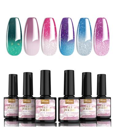 Kredioo Colour Changing Gel Nail Polish Set 6 Colors Glitter Pink Green Purple Blue Temperature Change Manicure Nail Art Gel for All Season Spring Summer Fall Winter UV/LED Cured Needed