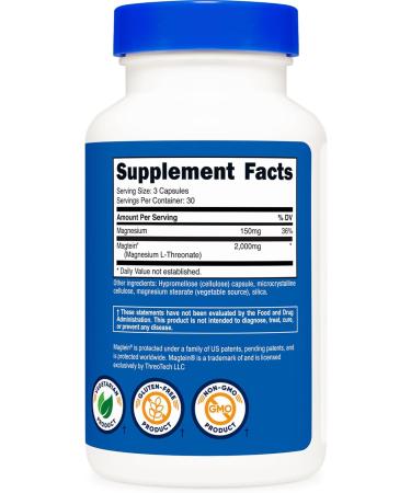 Nutricost Magtein Magnesium L-Threonate 2 000mg 90 Capsules - Gluten Free Vegetarian 30 Servings - Buy Online on GoSupps.com