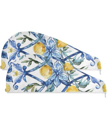 Watercolor Lemons Hair Towel 2 Pack - Super Absorbent Quick Dry Hair Turbans for Women & Girls - Buy Online on GoSupps.com