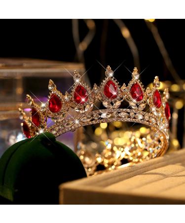 Vintage Royal Queen Teardrop Rhinestone Diadem Tiaras Crown - Gold Red | Wedding Hair Jewelry - Buy Online on GoSupps.com
