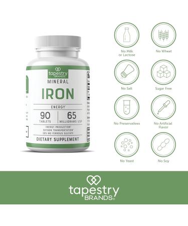 Tapestry Brands Iron 65mg USP 325mg Ferrous Sulfate Tablets - 3-Month Supply (90 Count) for Energy Production and Oxygen Transportation - Buy Online on GoSupps.com