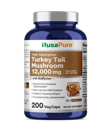 NusaPure Turkey Tail Mushroom Capsules | 12 000mg | 200 Vcaps | Vegetarian | Extract 10:1 | Non-GMO & Gluten Free | Bioperine