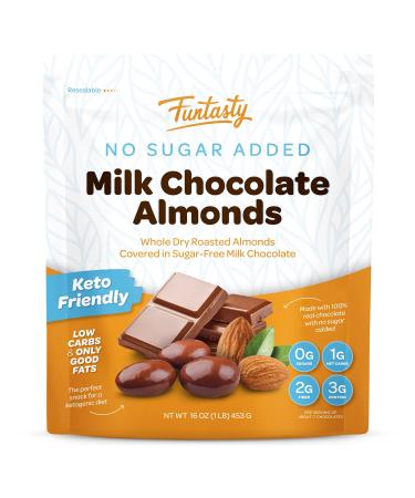 Funtasty Sugar Free Milk Chocolate Covered Almonds, Keto Friendly, 1 Pound Pack Milk Chocolate Almonds