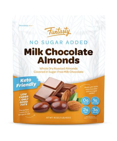 Funtasty Sugar Free Milk Chocolate Covered Almonds, Keto Friendly, 1 Pound Pack Milk Chocolate Almonds