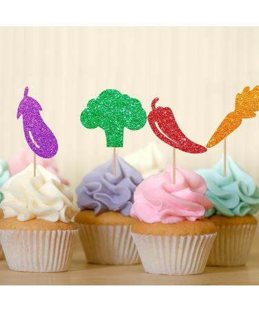 Vegetables Cupcake Toppers Farmer Themed Party Cake Decor Red&Green Glitter Cake Decorations for Baby Shower Vegetable Themed Birthday Party Supplies - 24pcs - Buy Online on GoSupps.com