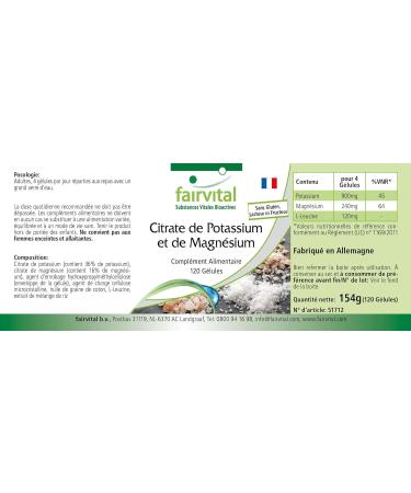 Fairvital | Citrate Potassium Magnesium - Highly dosed - with 900mg of Potassium and 240mg of Magnesium per daily dose - VEGAN - 120 capsules - Buy Online on GoSupps.com