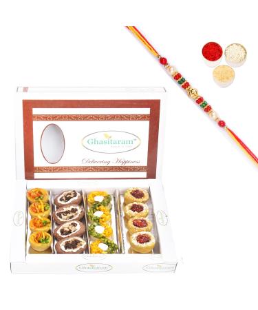 Ghasitaram Gifts Rakhi Gifts for Brothers Rakhi Sweets - Ghasitaram Gifts Assorted Box of Anjeer Basket Kesar Pista Delight Choco Boat and Almond Basket 400 GMS with Beads Rakhi