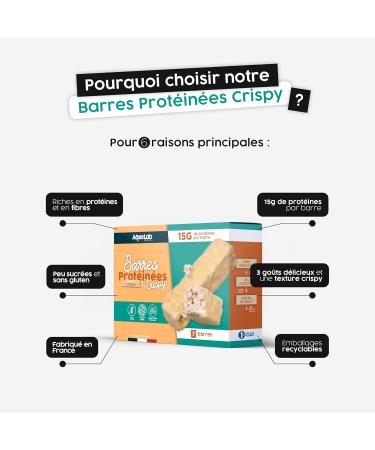 Crispy Protein Bars 15g of protein per bar Low sugar & gluten-free 7 ultra-delicious bars High in fiber Tested in an independent laboratory Made in France Eco-responsible - Buy Online on GoSupps.com