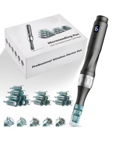 Professional Microneedling Pen - Wireless Adjustable Micro Needling Microneedle Machine  Derma Auto Pen with 22 Replacement Cartridges 4pcs 16pin+4pcs 26pin+6pcs 36pin+6pcs 42pin+2pcs Nano. Gray