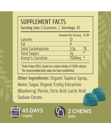 Buy HERBAMAMA Acetyl L-Carnitine Energy Gummies - 1500 mg ALCAR for Women & Men - Vegan Gelatin-Free Non-GMO - 60 Blueberry Chews - International Shipping Available - Buy Online on GoSupps.com