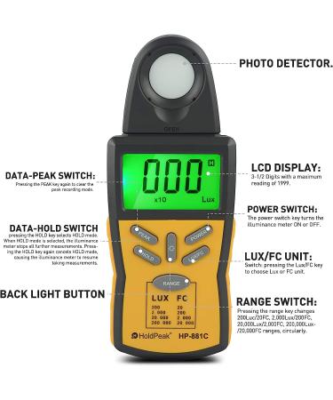 HOLDPEAK 881C Digital LUX Meter | Measure Range 0.1-200,000 Lux | 0.01-20,000 FC Light Meter with Peak Hold | Lux/FC Unit | Data Hold | LCD Display Backlight - Ideal for Plants and LED Lights - Buy Online on GoSupps.com